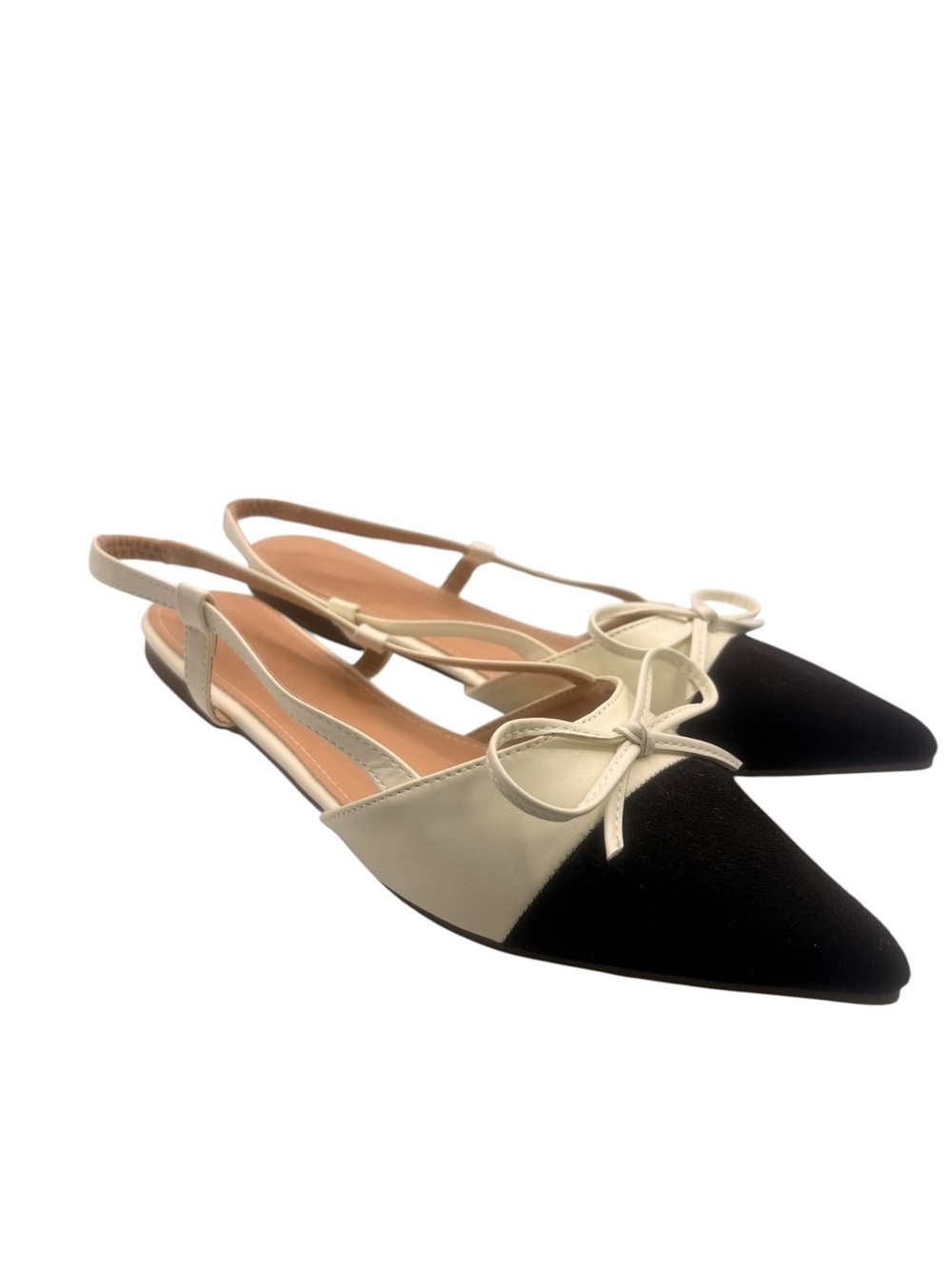 Pointed Toe Two-Tone Slingback Flats - Black & Cream